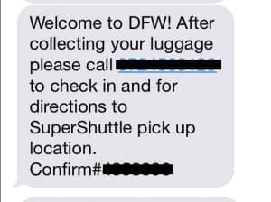 Super Shuttle Welcome Text Message